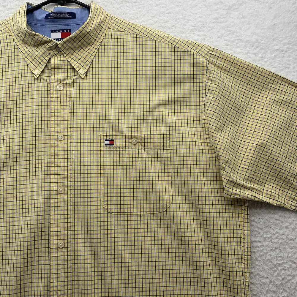 Tommy Hilfiger Button Up Shirt Mens XL X-Large Loose Fit Yellow Check Y2K Preppy - Picture 2 of 14